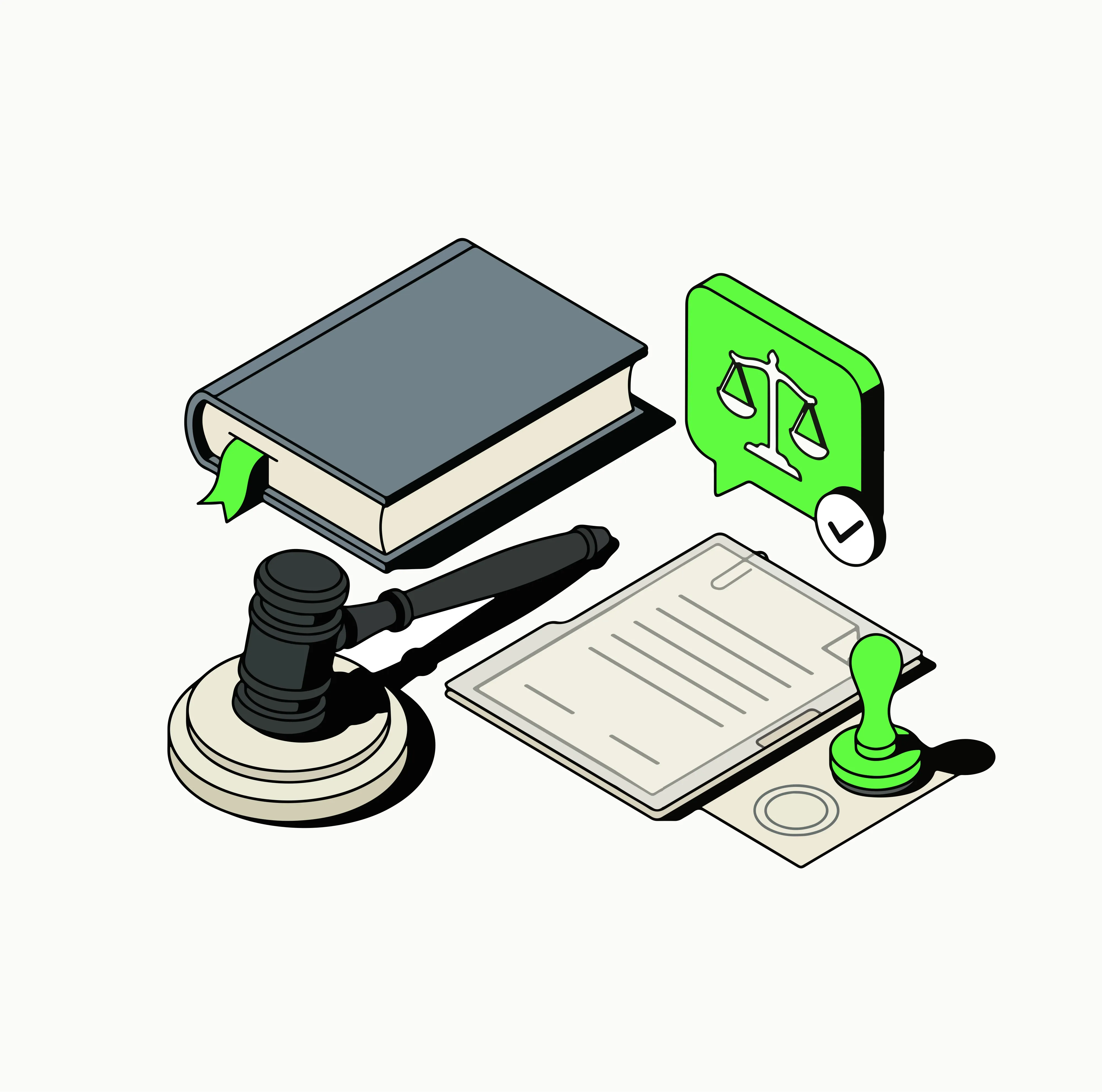 A digital illustration of a book, paper, and gavel