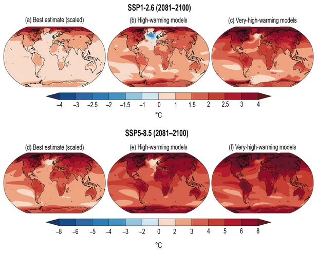 Six climate models showing changes in the earths temperature from 2081-2100