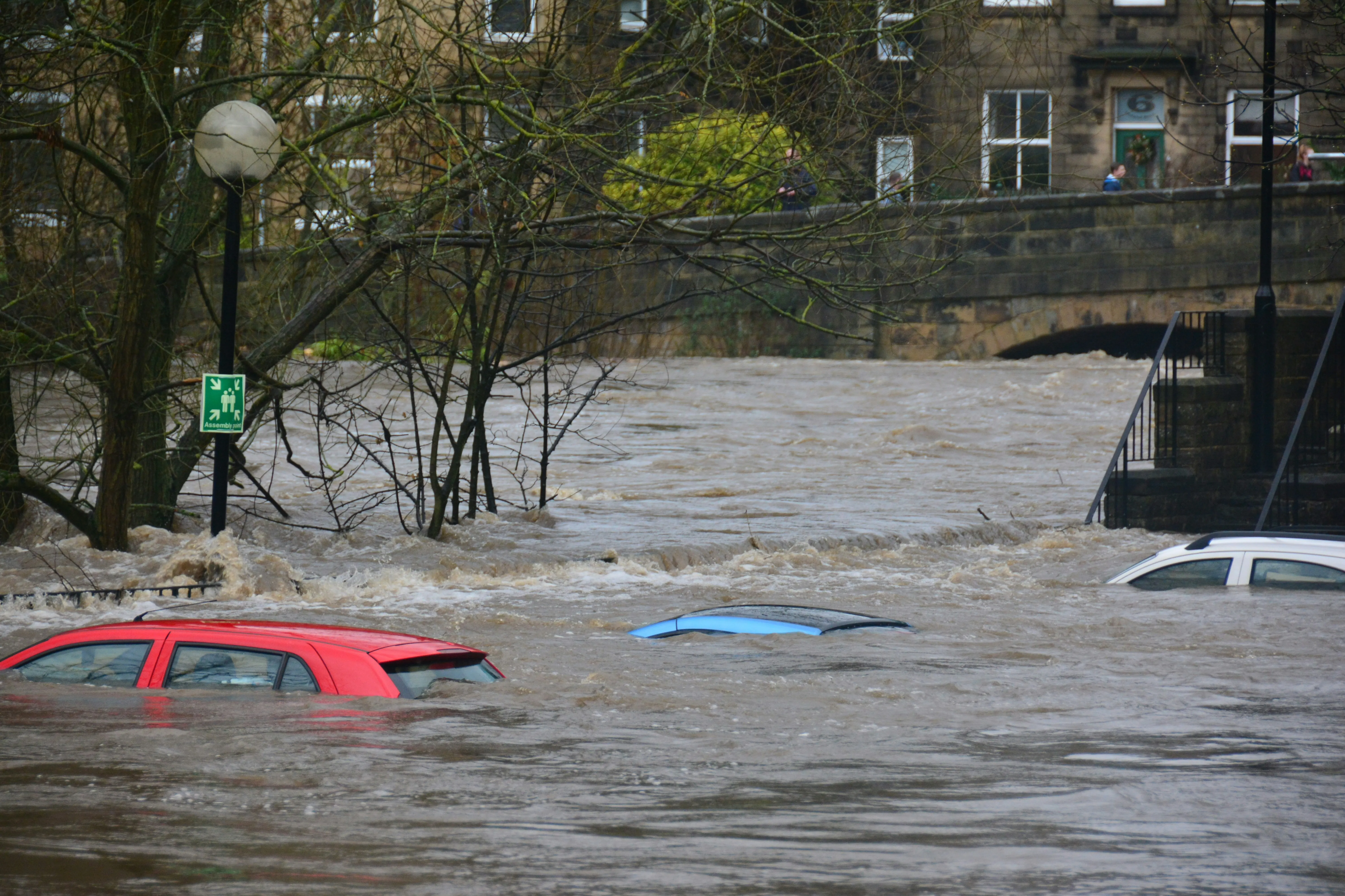 A flooded street with only the top of cars visisble above the water