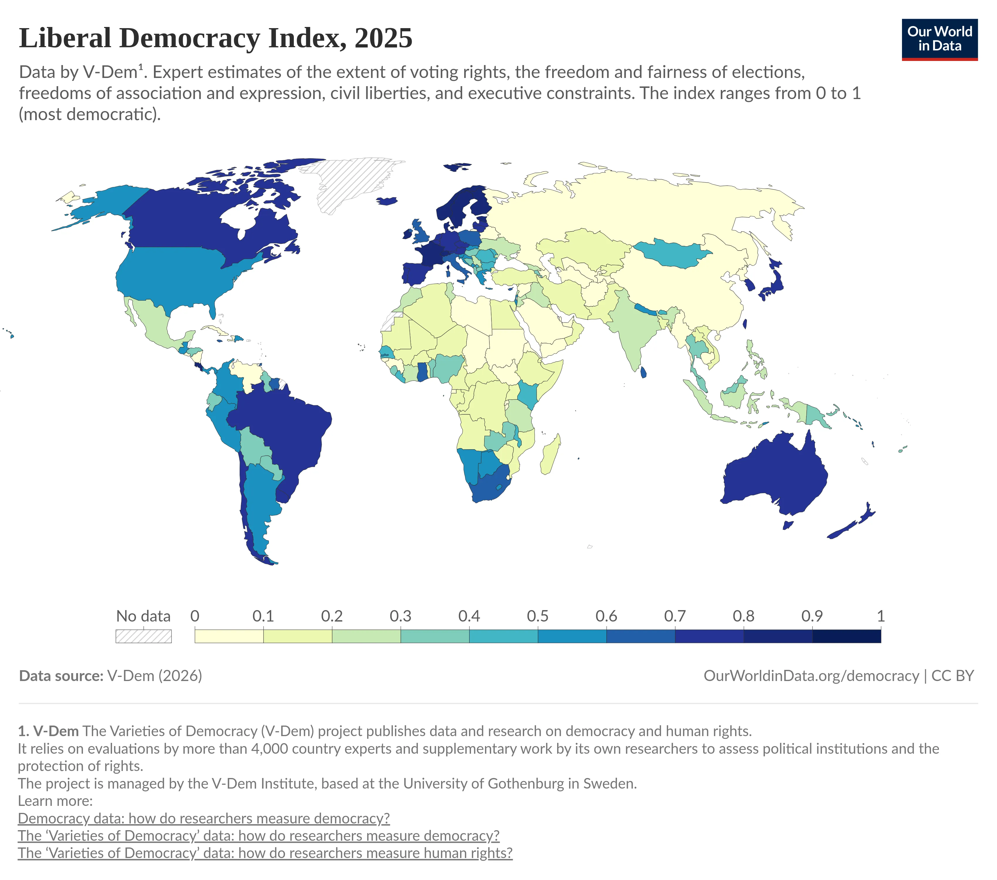 A map showing the liberal democracy index of different countries