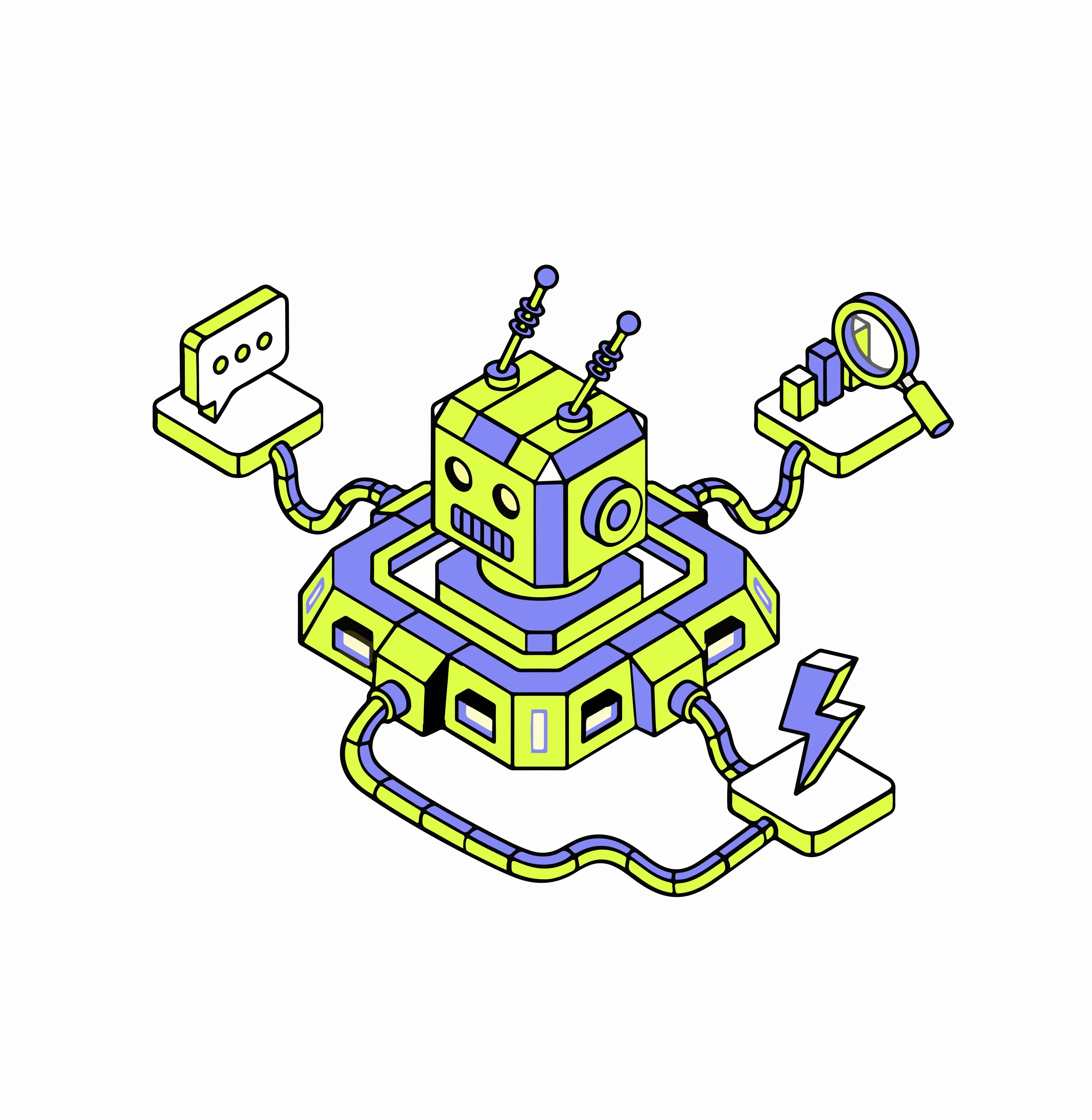 An illustrated robat head attached to some boxes