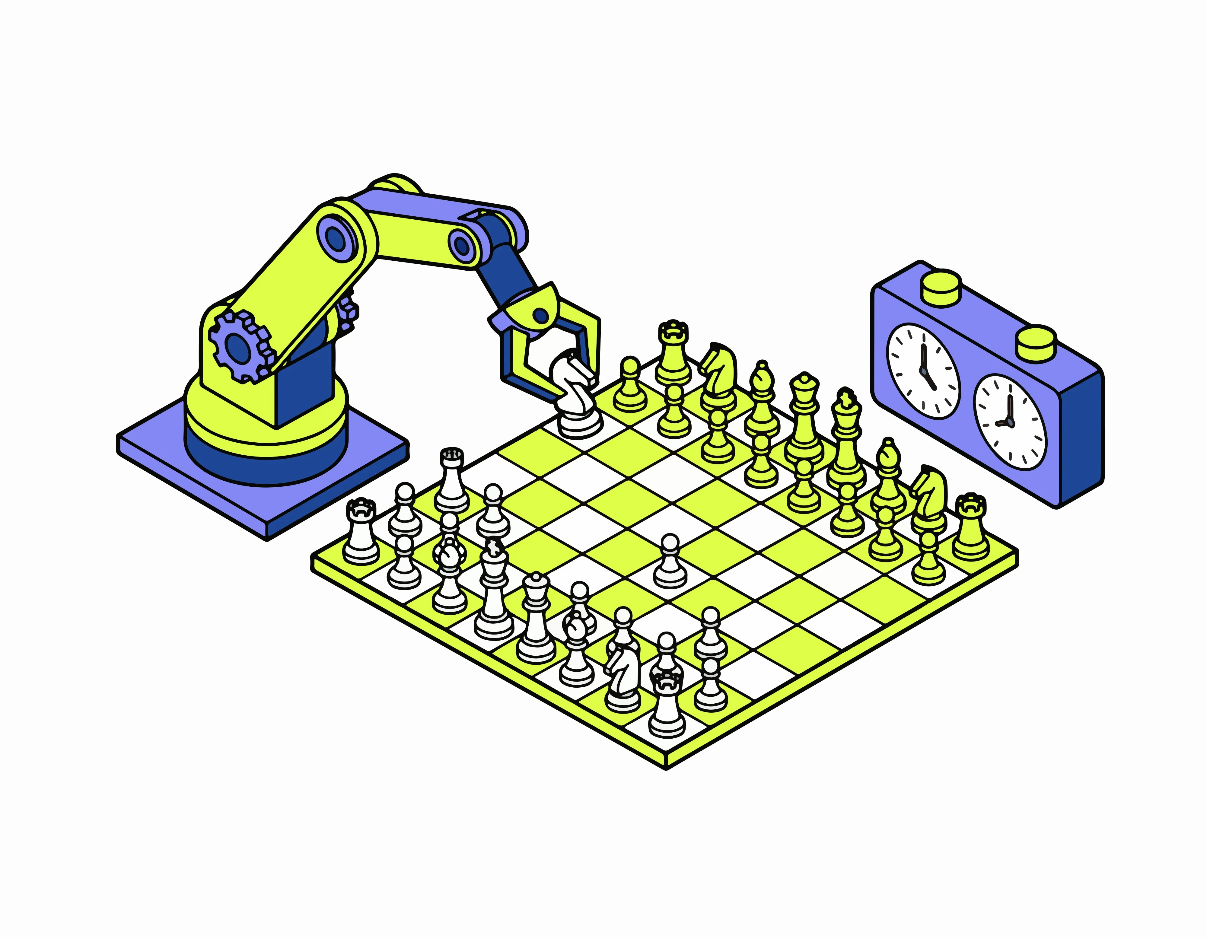 A digital illustration of a robot playing chess.