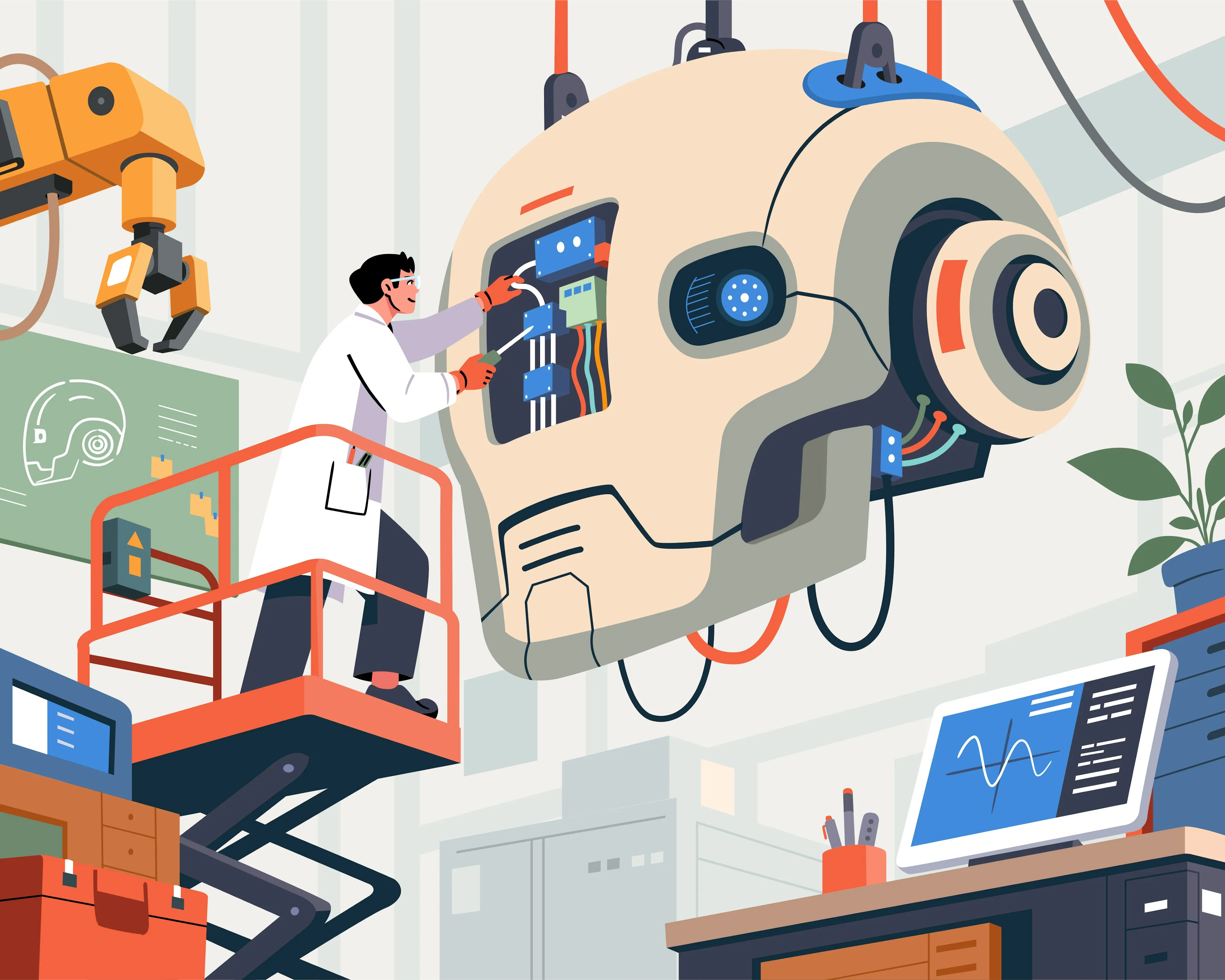 A digital illustration of a person working on a giant robot head